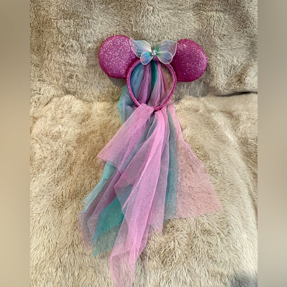 Disney Parks Pink Glitter Butterfly Fairy Princess Minnie Headband Ears W/ Veil